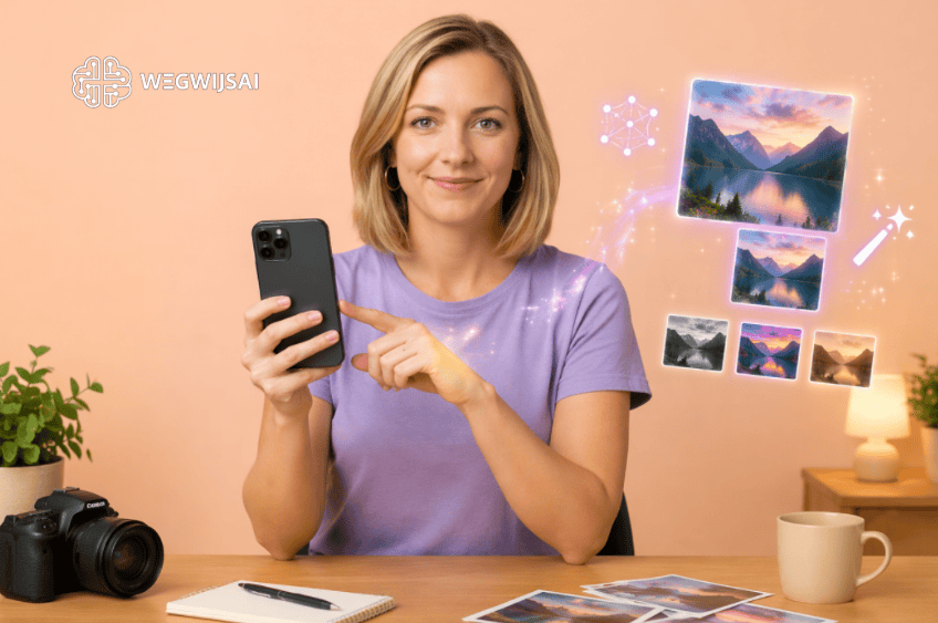 Vrouw met smartphone en foto's van natuur, technologie en AI op achtergrond.