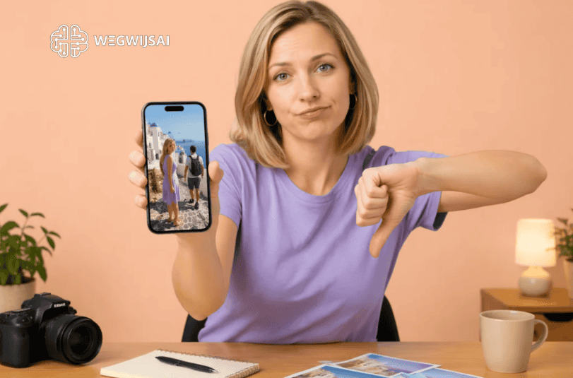 Vrouw toont teleurstellende review op haar smartphone, wijzend op negatieve ervaring.