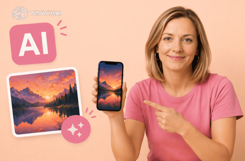 ai afbeeldingen maken stap voor stap ai afbeeldingen maken stap voor stap Vrouw toont smartphone met AI-beeldherkenning en digitale transformatie technologie.