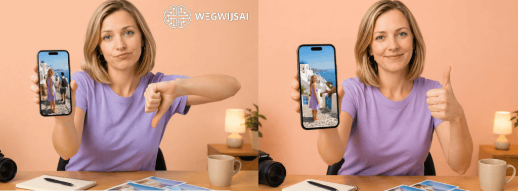 Vrouw toont smartphone met AI-beeld op achtergrond, wijst positief.