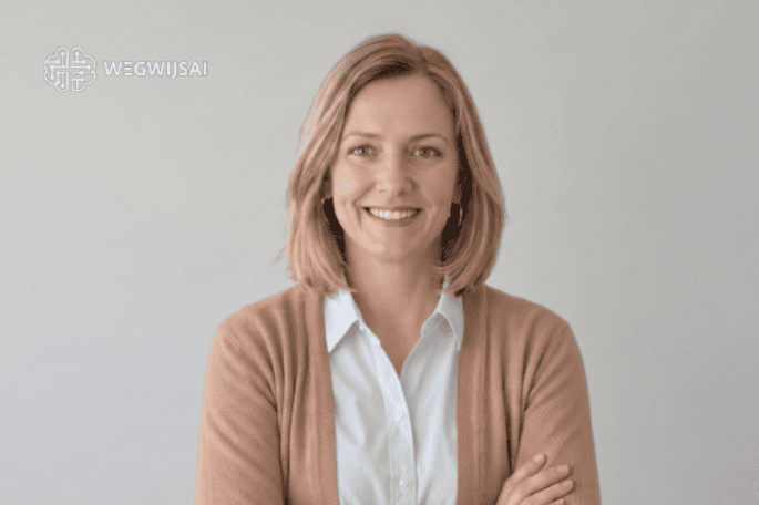 Vrouw met glimlach en WegwijsAI logo op de achtergrond.