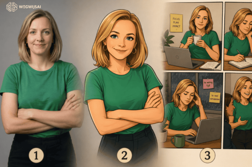 Vrouw in groen shirt die nadenkt en werkt met laptop en notities.