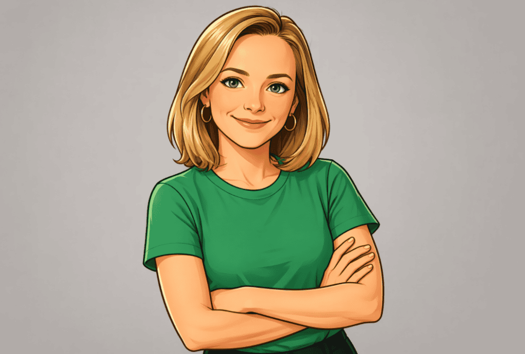 Vrouw met blonde haar en groene shirt, glimlachend met armen over elkaar.