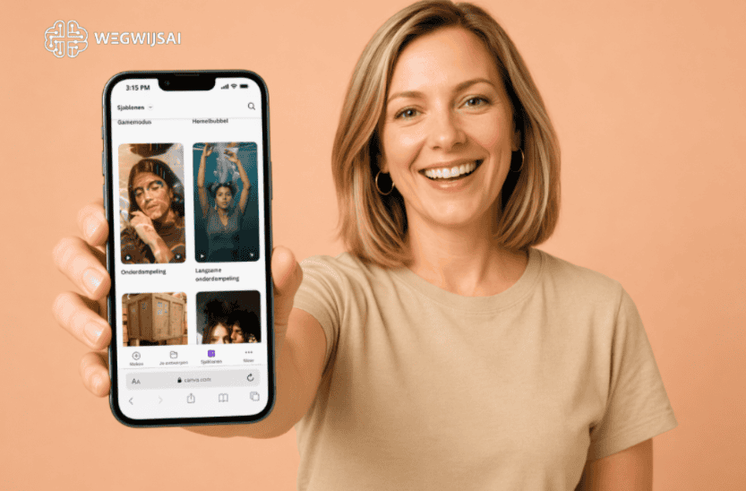 Vrouw toont smartphone met AI-afbeeldingen op een roze achtergrond.