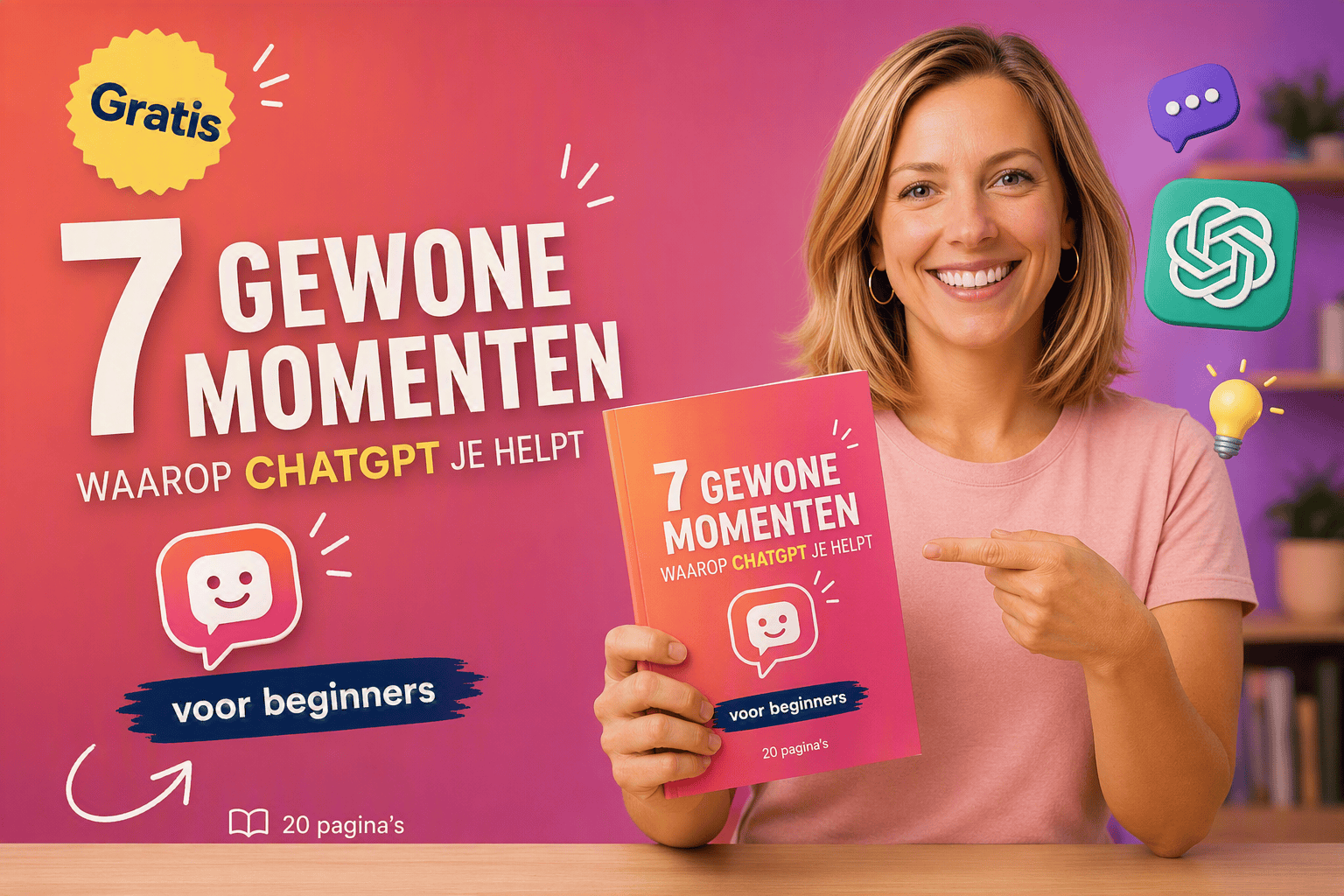 Vrouw houdt boek over chatGPT met kleurrijke achtergrond en iconen.