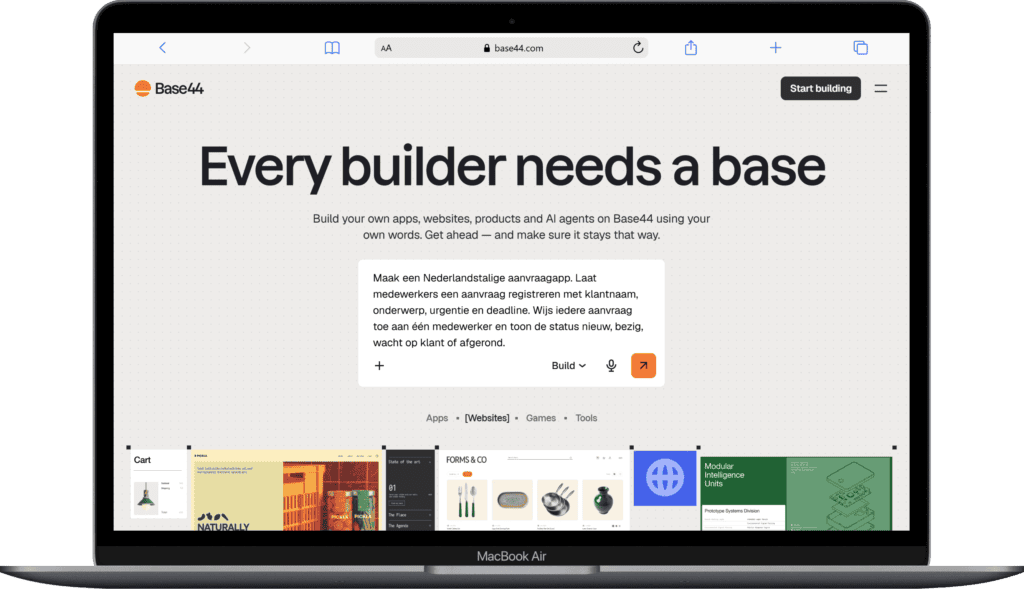 Base44 platform voor het bouwen van apps, websites en tools zonder codering.