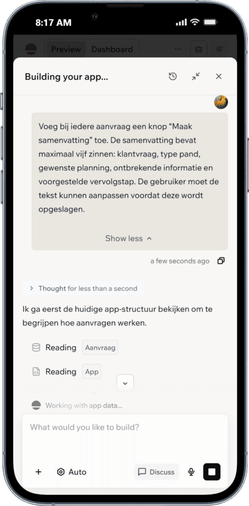 Mobiele app bouwproces met WegwijsAI voor snelle ontwikkeling.