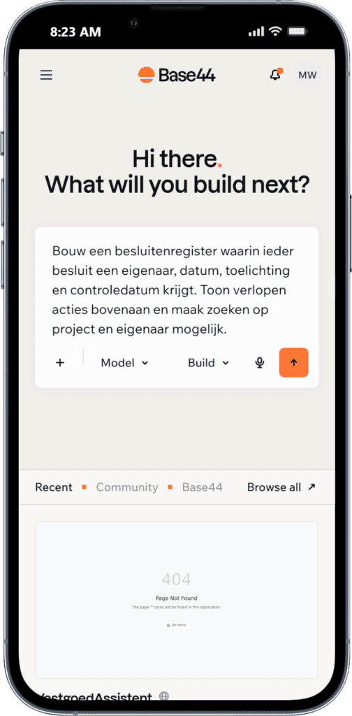 Mobiele app interface van Base44 voor het bouwen van apps.