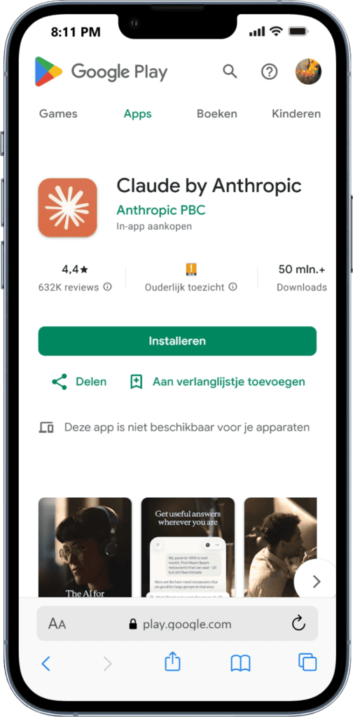 Claude app downloaden op Google Play voor AI-ondersteuning.