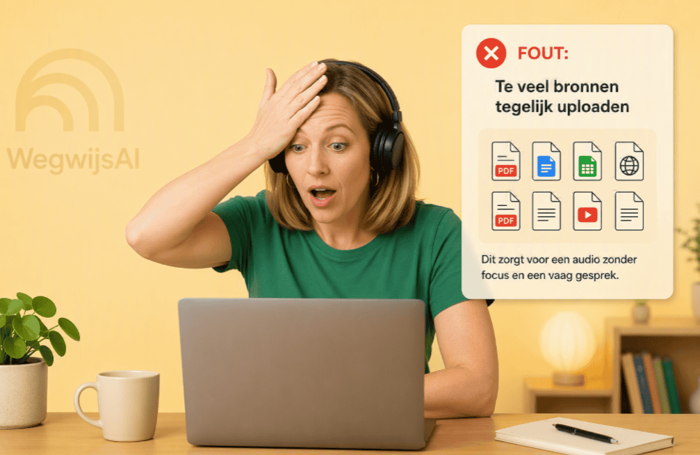 Vrouw met koptelefoon die frustratie uitdrukt over te veel audiobronnen.