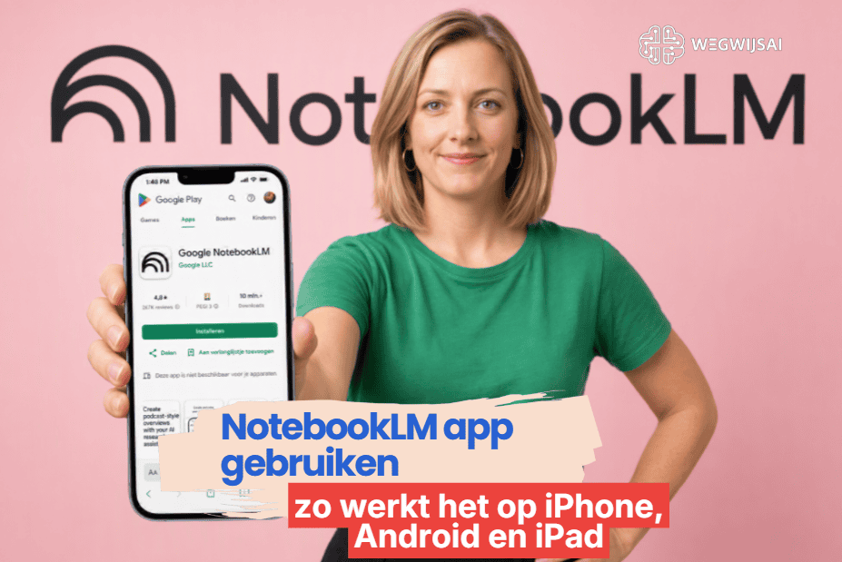 Sanne gebruikt de NotebookLM app op haar telefoon met bronnen en Audio Overview op een rustige achtergrond