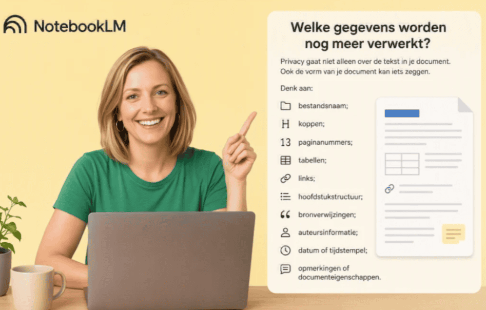 Vrouw wijst naar informatie over gegevensverwerking in NotebookLM.