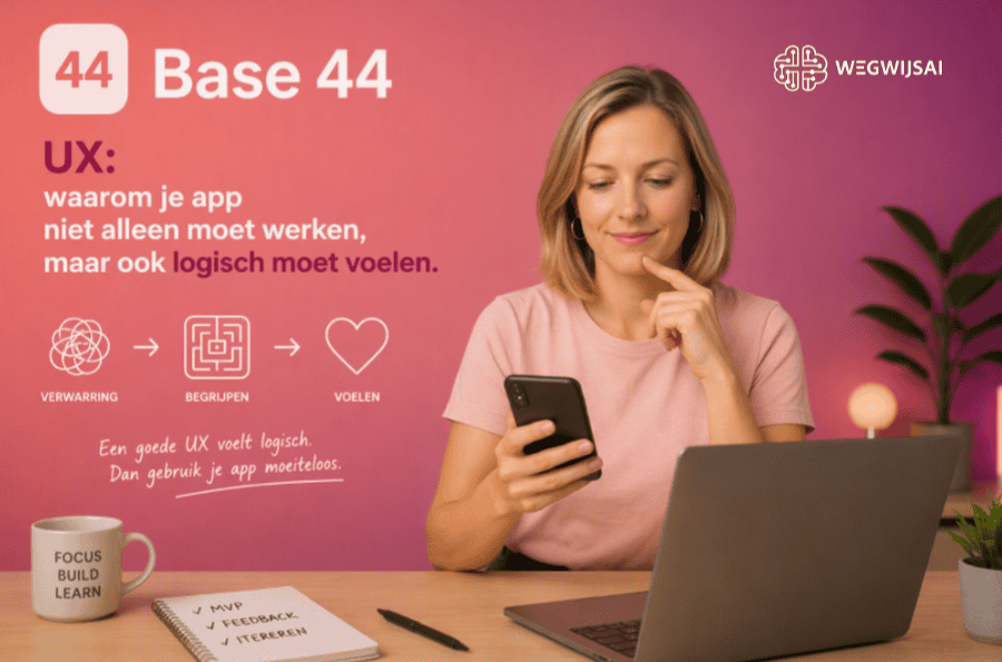 Vrouw gebruikt smartphone voor UX-ontwerp, met basisprincipes op achtergrond.