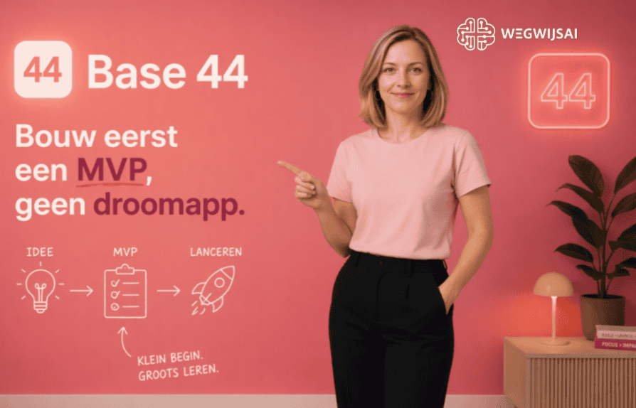 Vrouw wijst naar Base 44 logo met tekst over MVP en app-ontwikkeling.