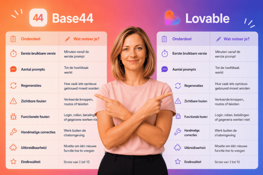 Vrouw met gekruiste armen naast vergelijkingsgrafieken van WegwijsAI en Lovable.