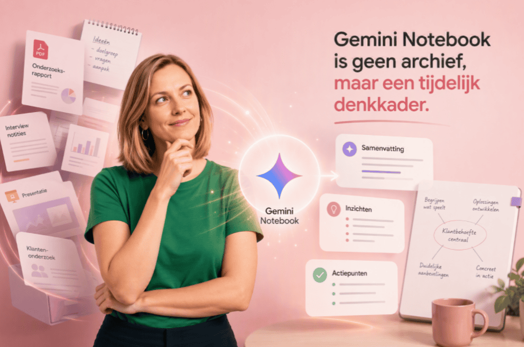 Vrouw denkt na over Gemini Notebook, geen archief, tijdelijke denkkader.
