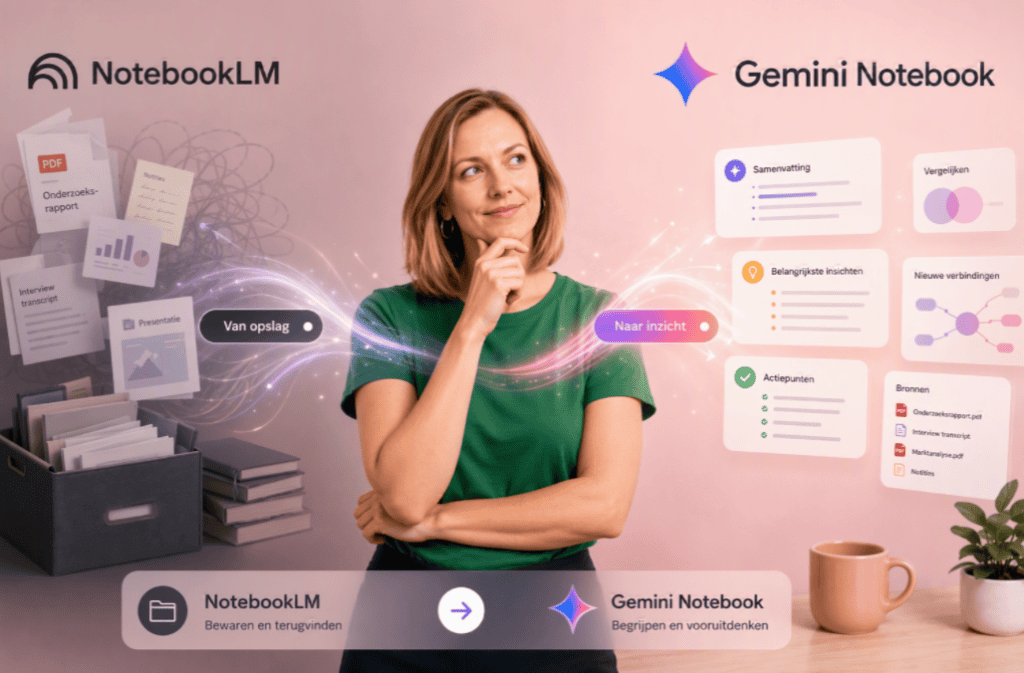 Vrouw die nadenkt over Gemini Notebook en WegwijsAI tools.