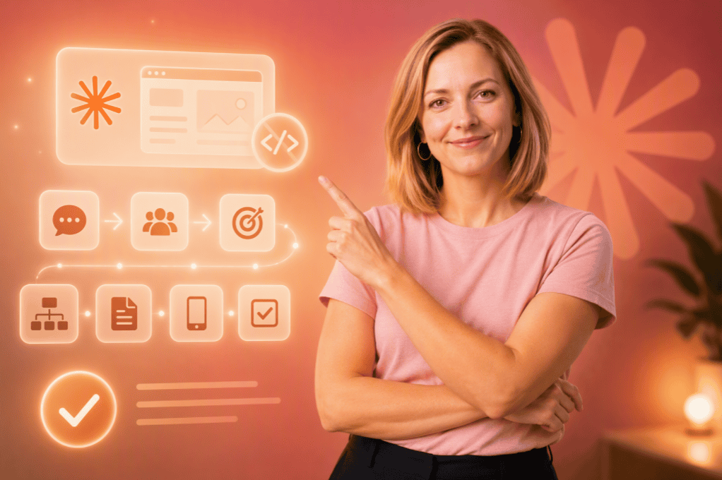Vrouw wijst naar digitale webdesign iconen voor website creatie.