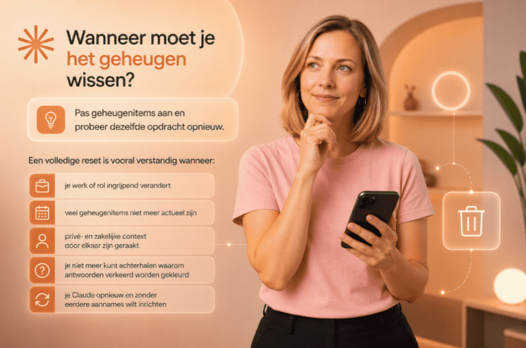 Vrouw met smartphone die nadenkt over geheugen en geheugenverlies.