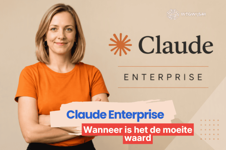 Vrouw met armen gekruist voor Claude Enterprise logo en slogan.