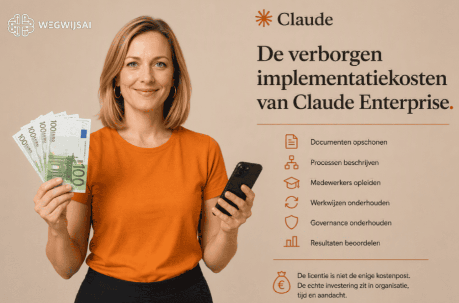 Vrouw met geld en smartphone over Claude Enterprise implementatie.