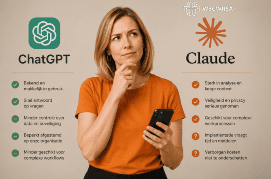 Vrouw met smartphone overwegend AI-tools en Claude Enterprise.