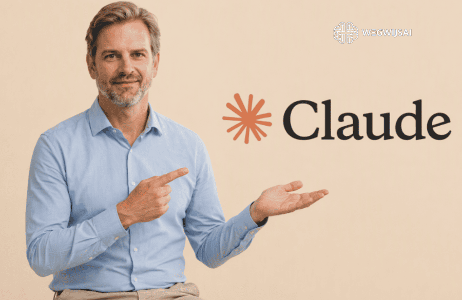 Man wijst naar Claude logo op beige achtergrond.