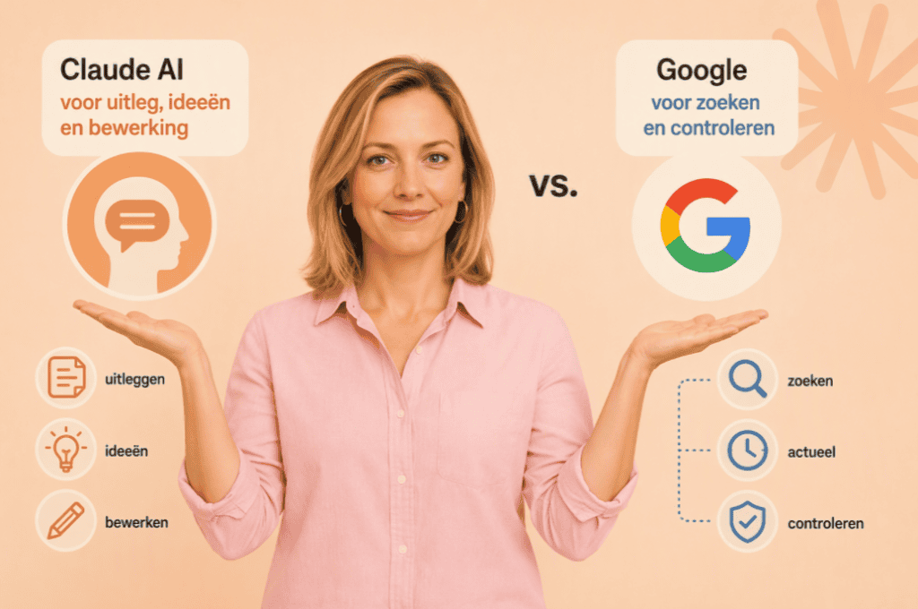 Vergelijking tussen Claude AI en Google voor uitleg en controle.