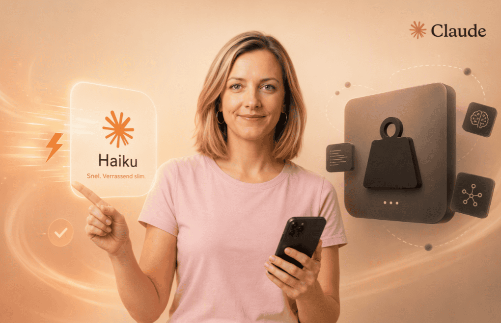 Vrouw gebruikt smartphone met WegwijsAI en Claude Haiku technologie.