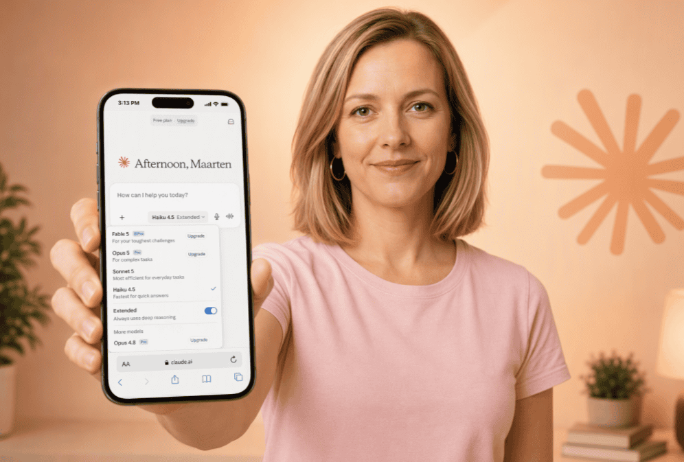 Vrouw toont WegwijsAI app op smartphone voor snelle communicatie.