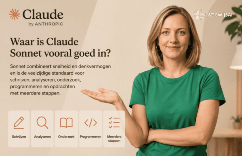 WegwijsAI logo en afbeelding van een vrouw in groene blouse.