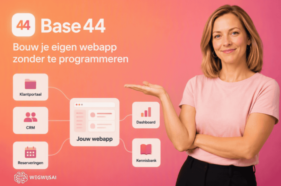Vrouw wijst naar diagram over webapp bouw zonder te programmeren.