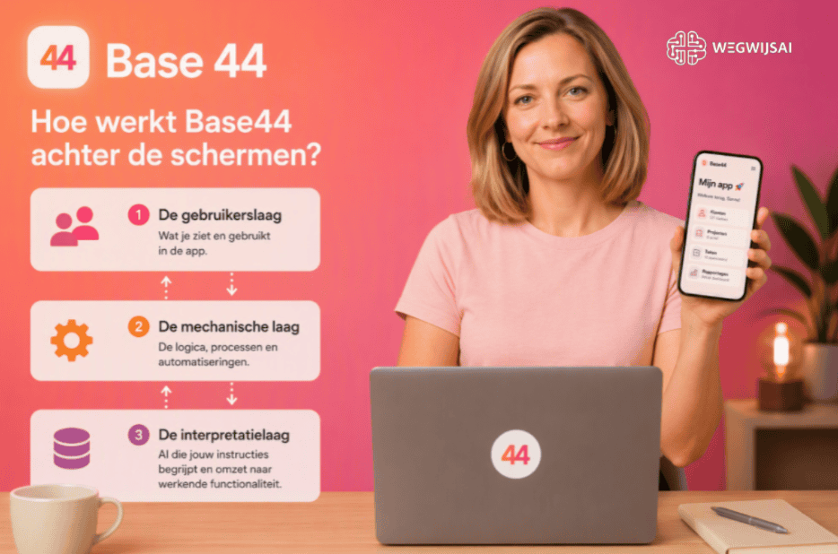 Wat is Base44? Uitleg over Base44 achter de schermen met een vrouw die een app toont.