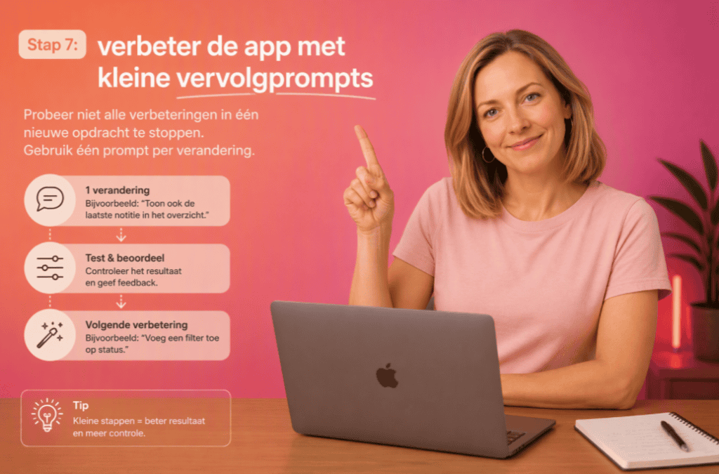 Vrouw wijst naar tips voor appverbetering met kleine prompts.