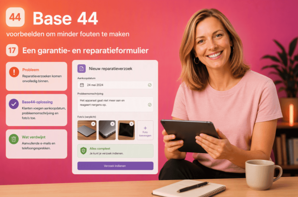 Vrouw gebruikt tablet voor Base44 reparatie- en app-voorbeeld.