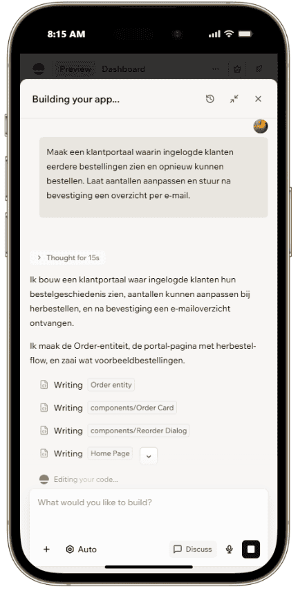 Voorbeeld van een app bouwproces met WegwijsAI.