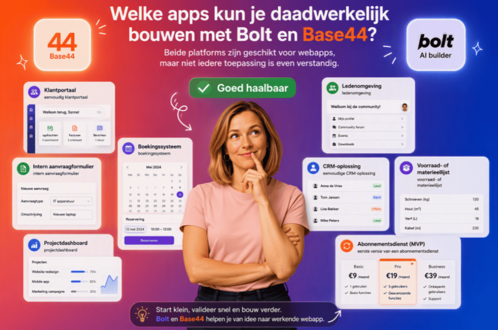 Vergelijking van AI app builders Base44 en Bolt voor webontwikkeling.