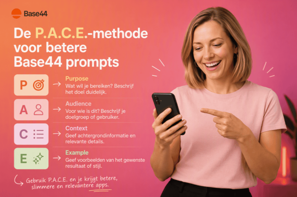 Vrouw gebruikt smartphone met WegwijsAI P.A.C.E. methode voor betere prompts.