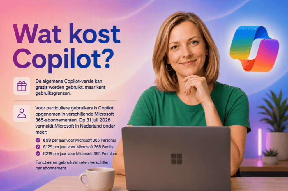 Vrouw met laptop en Microsoft Copilot logo op achtergrond.