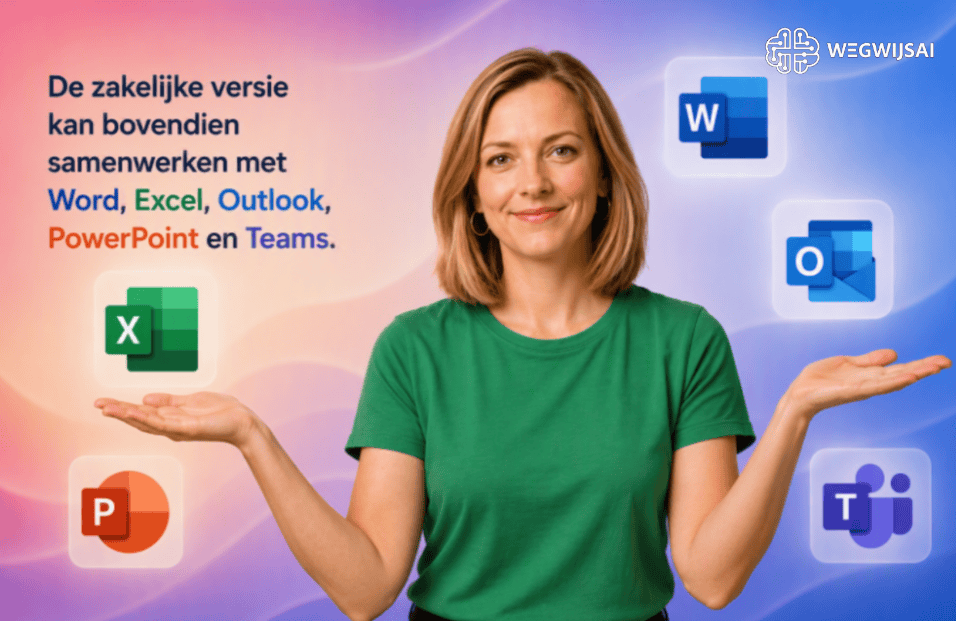 Vrouw met open handen naast Microsoft Office iconen.