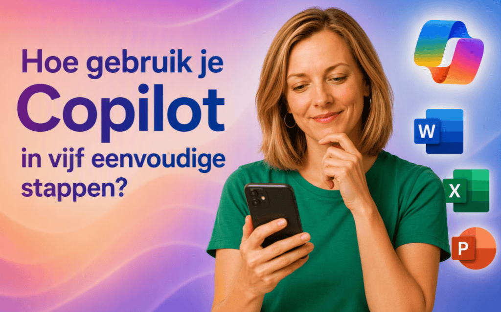 Vrouw gebruikt smartphone met Copilot logo's op achtergrond.