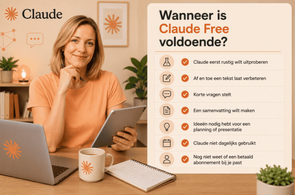 Claude Free is voldoende voor gebruikers die af en toe teksten verbeteren, samenvattingen maken en korte vragen stellen.