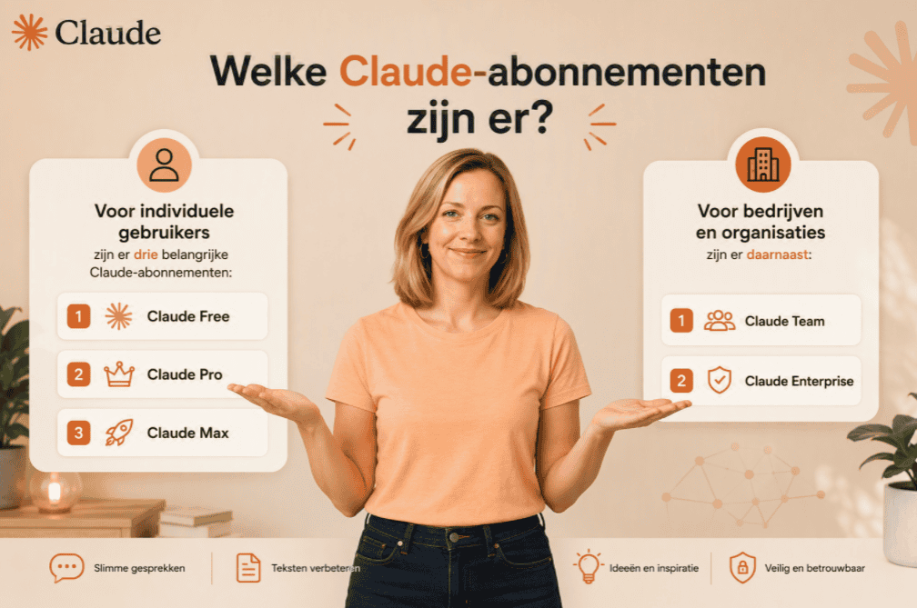 Overzicht van alle Claude-abonnementen voor particuliere gebruikers en bedrijven met Claude Free, Pro, Max, Team en Enterprise.