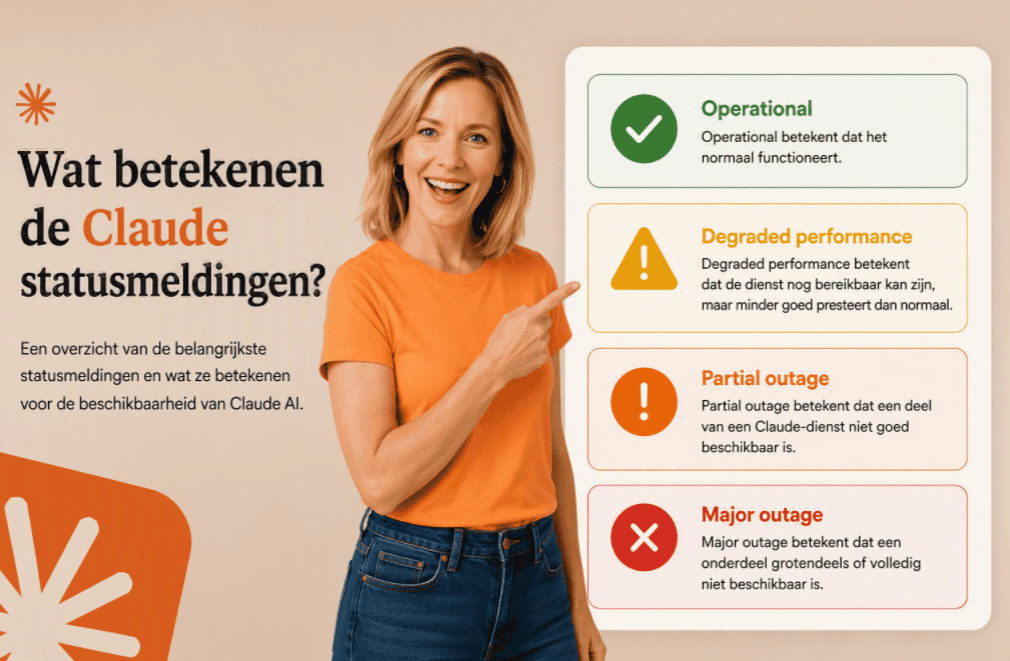 Sanne wijst naar een overzicht van de Claude-statusmeldingen Operational, Degraded performance, Partial outage en Major outage.