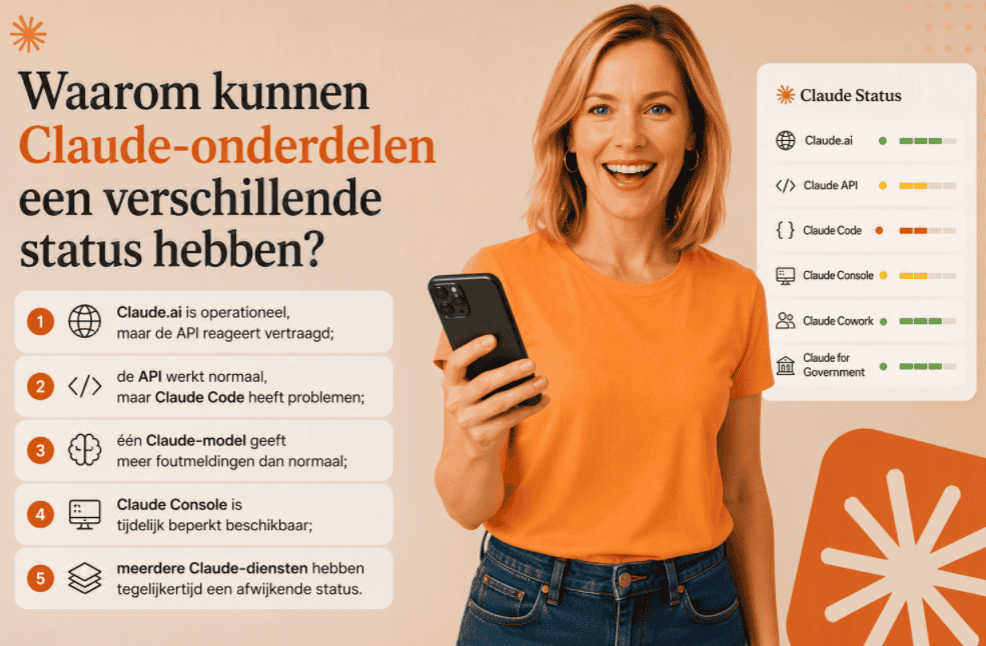 Overzicht van redenen waarom Claude-onderdelen verschillende statussen kunnen hebben, met statusvoorbeelden voor Claude.ai, Claude API, Claude Code, Claude Console, Claude Cowork en Claude for Government.
