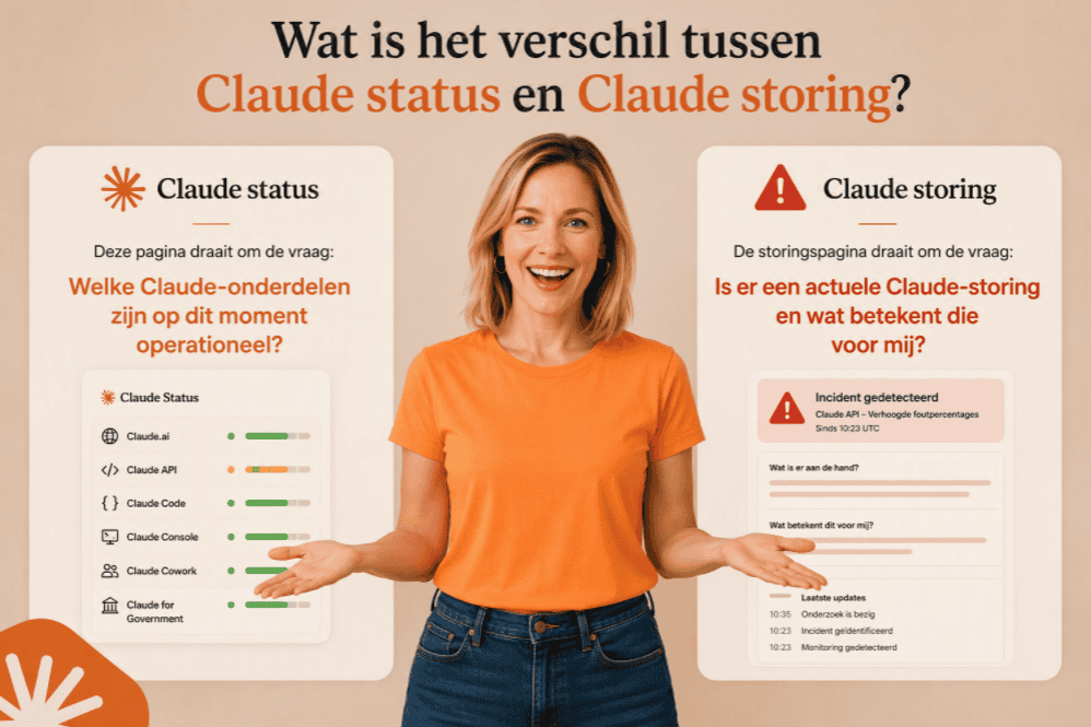 Vergelijking tussen Claude status en Claude storing, met een overzicht van operationele Claude-diensten aan de ene kant en een storingsmelding aan de andere kant.