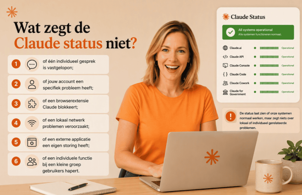Persoon zit achter een laptop terwijl wordt uitgelegd welke informatie de Claude Status-pagina wel en niet laat zien. Naast een operationeel statusoverzicht staan voorbeelden van lokale en accountgebonden problemen die niet zichtbaar zijn op de statuspagina.