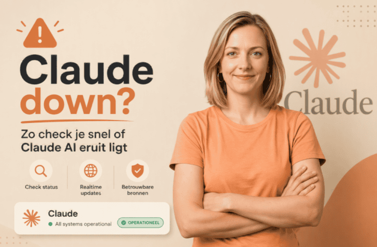 Sanne controleert of Claude down is en bekijkt de Claude status op haar laptop
