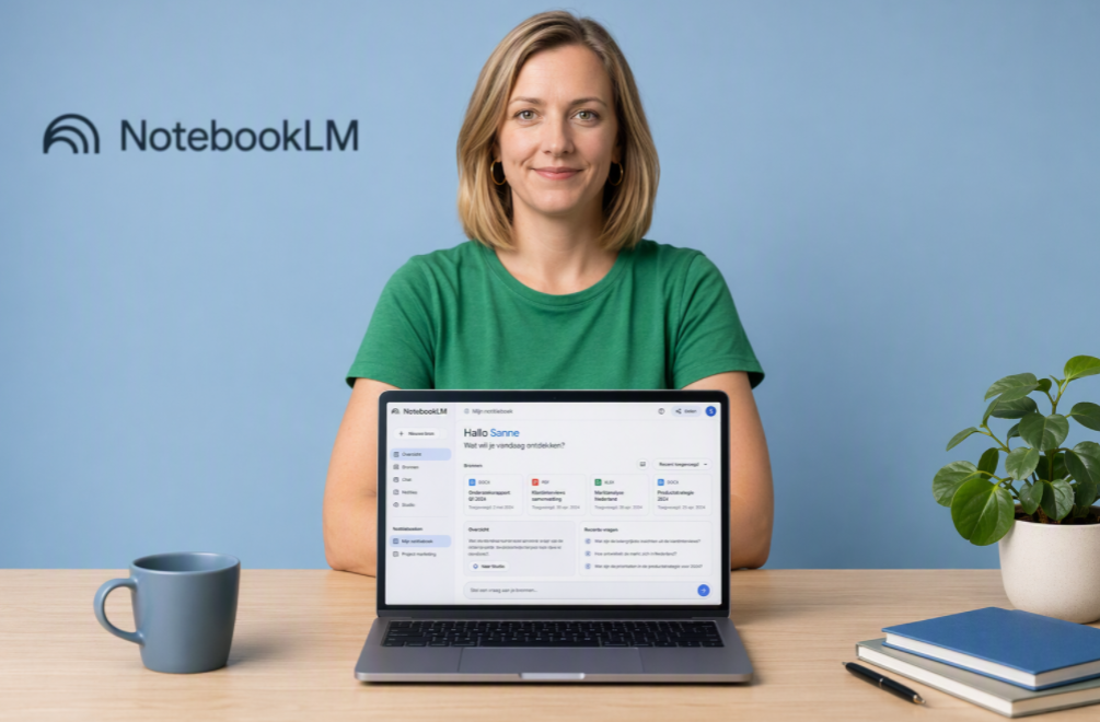 Vrouw toont NotebookLM op tablet met WegwijsAI logo op achtergrond.