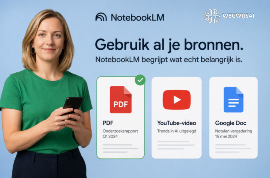 Vrouw gebruikt smartphone met NotebookLM op achtergrond.